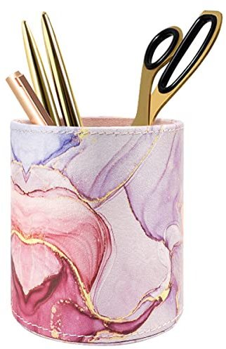 WAVEYU Pen Holder for Women Girls, Pencil Cup Pink Desk Decor, Makeup Brush Holder Large Pu Leather Multi-Functional Organizer Cup for Office, Classroom, Home, Colorful Marble