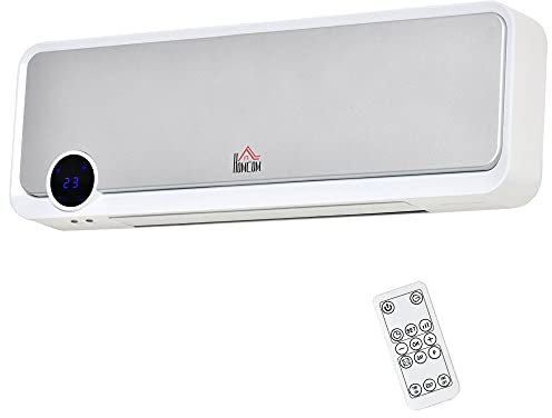 HOMCOM Radiateur mural soufflant oscillant 2000 W - chauffage céramique PTC - 3 niveaux de puissance - télécommande incluse blanc argenté