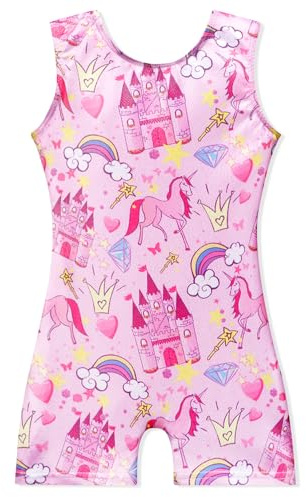 EQSJIU Gymnastikanzug für Mädchen und Kinder, Regenbogen-Mosaik, Meerjungfrau, Schmetterling, Sterne, Leopard, Galaxie, Batik, Kosmos, Leopard, Schloss-Einhorn, 6-7 Years
