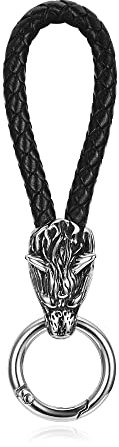 PiercingJak Auto Schlüsselanhänger Thors Hammer Wikinger mit Fenris Wolf Geflochtene Leder Schlüsselband Edelstahl Mjölnir Keltischer Knoten Anhänger Nordischer Schmuck Amulett, Schwarz