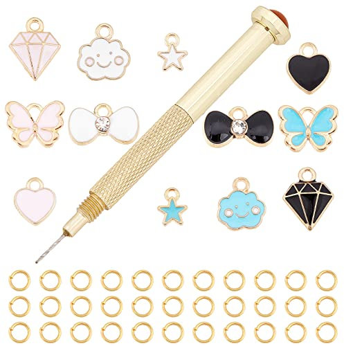 SUNNYCLUE 1 Box 270Pcs Nail Piercing Charms Set Art Pierced Tools Star Heart Butterfly Alloy Enamel Charms Dangle Hand Drill Jump Rings for Fingernail Jewelry Decorations Crafts Supplies