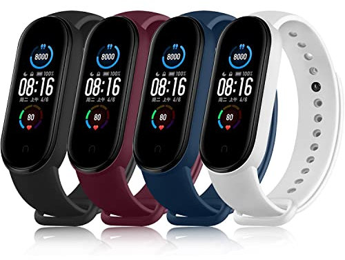 Funeng 4-Stück Kompatibel mit Xiaomi Mi Band 5 Armband/Mi Band 6 Armband, Weiches Silikon Ersatz Uhrenarmbänder für Xiaomi Mi Band 6/5 (Schwarz/Weinrot/Marineblau/Weiß)