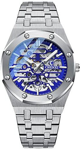 rorios Herrenuhren Automatische Mechanische Uhr Leuchtend Uhr mit Edelstahl-Armband Skelett Militär Armbanduhr