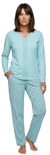 Zeitlos Schlafanzug Pyjama Damen Langarm Lilie Oberteil Hose V-Ausschnitt Bordüre Baumwolle