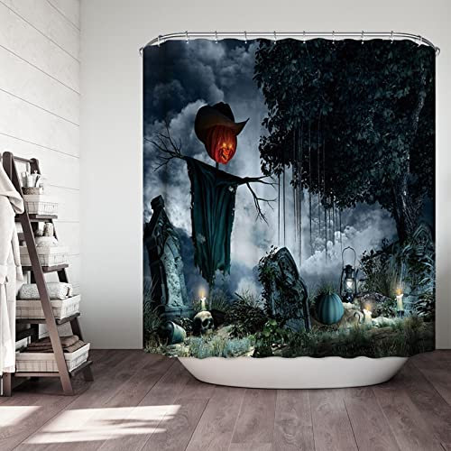 Skcess Duschvorhang 120x180, Polyester Duschvorhang Schwarz Duschvorhang Wasserdicht Friedhofs-Kürbis-Vogelscheuche Anti Schimmel Duschvorhang