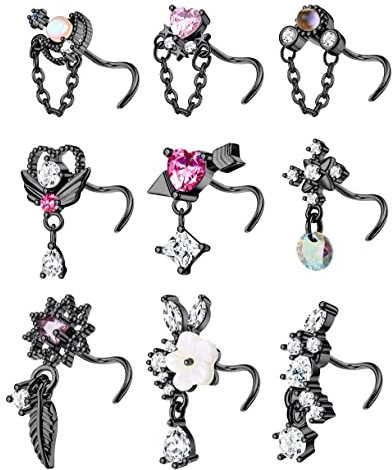 Kakonia 9 Stück 20G Baumeln Nasenpiercing Schmuck für Damen 316L Edelstahl Nasenpiercing Stecker Herz Pfeil Feder Schneeflocke Flügel CZ Dangling Nase Piercing Schmuck