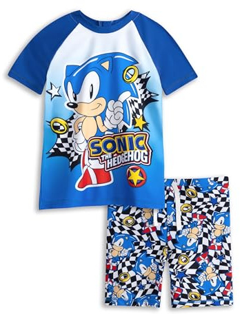 Sonic The Hedgehog Boys Swimsuit Set in Blue | 2 Piece T-Shirt & Swim Shorts for Kids | Racing Checkers Swimming Costume for Gamers | Gaming Cartoon Swimwear Merchandise Gift for Children