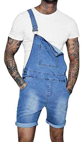 Oanviso Herren Denim Strap Kurze Jumpsuit Lässiges Arbeitshose Jumpsuit Vintage Bibs Jumpsuit Stilvoll Latzhose Overalls mit Taschen Sommer Zerrissene Loch Kurze Jean Jumpsuit A Hellblau L