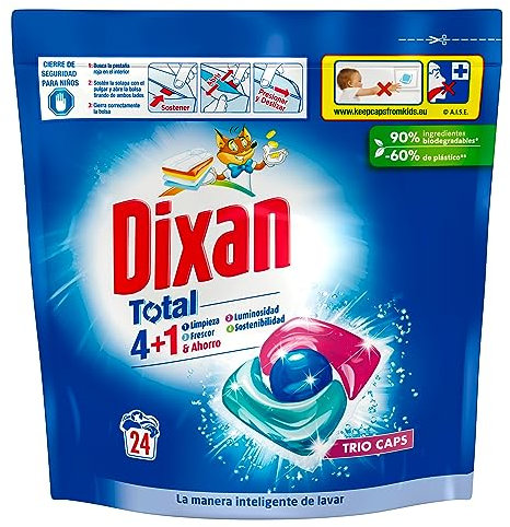 Dixan Total 3+1 Detergente en Cápsulas para Lavadora (24 lavados), jabón para ropa blanca y clara, limpieza, luminosidad y frescor en un único detergente para lavadora