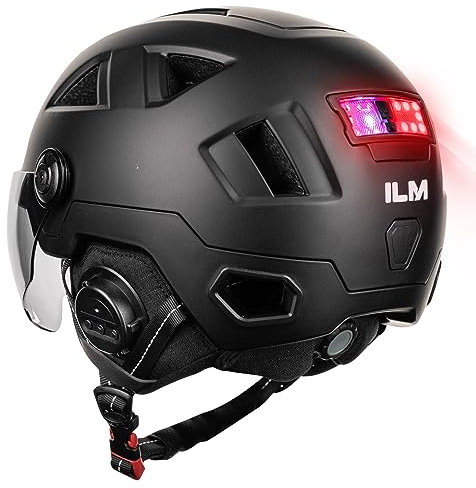 ILM Smart Bluetooth Fahrradhelm Damen Herren mit Visier Warnung Bremse LED Lichtsensor Lichtfunktion Kopfneigen Blinken Auszulösen Modell E3-12LSBT,Bluetooth Mattschwarz,XXL