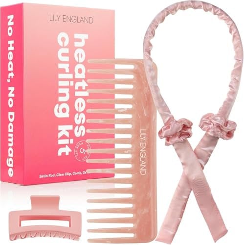 Bigodino Lungo per Boccoli Lily England - Set 5 Pezzi per Ricci Senza Calore - Con Clip e Pettine - Fascia in Raso per Boccoli Durante il Sonno