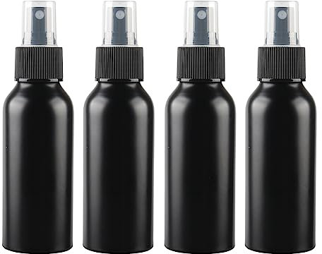 LusDoly 4 Stück, 100ml Schwarz Leere Aluminium Sprühflasche mit Schwarz Sprühkopf Sprühflasche Tragbares Zerstäuber Nachfüllbar Für Flugreisen oder Outdoor Sportarten