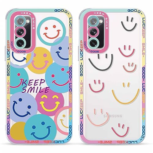 Yoedge 2 Stück Happy Smiley Face HandyHülle für Samsung Galaxy S20 FE / S20 Lite Hülle 6,5, Transparent Smile Gesicht Niedliches Muster Design Aesthetic Case Schutzhülle Mädchen Frauen Cover