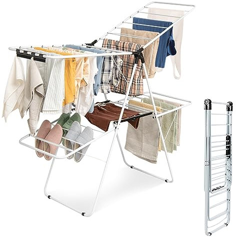 COSTWAY Faltbarer Wäscheständer 2-stufig, Wäschetrockner mit höhenverstellbaren Flügeln & rutschfesten Füßen, Flügelwäschetrockner Stahlrahmen, Flügelwäscheständer Standtrockner, Weiß