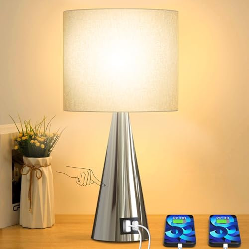 Toowell Nachttischlampe Touch Dimmbar Modern Nachttischlampe mit Ladefunktion USB A+C Ladeanschlüssen Kleine Tischlampe mit Kabel Tischleuchte Cone Metall Night Light für Schlafzimmer Wohnzimmer Büro