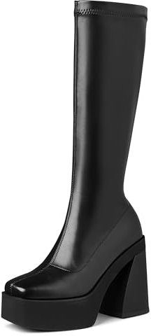 Eteridrey Stivali alti al ginocchio da donna, con plateau, punta squadrata, elasticizzati, tacco alto, stile gotico, stivali da combattimento, 1 nero PU, 42 EU