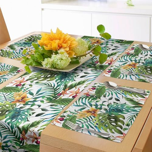 Ambesonne Tischläufer und Tischsets, Vintage, Retro, 60er Jahre, Banane, Palme, Blätter, Blumen, Hibiskus, Set für Esstisch, Platzdeckchen, 4 Stück + Läufer 40,6 x 182,9 cm, helles