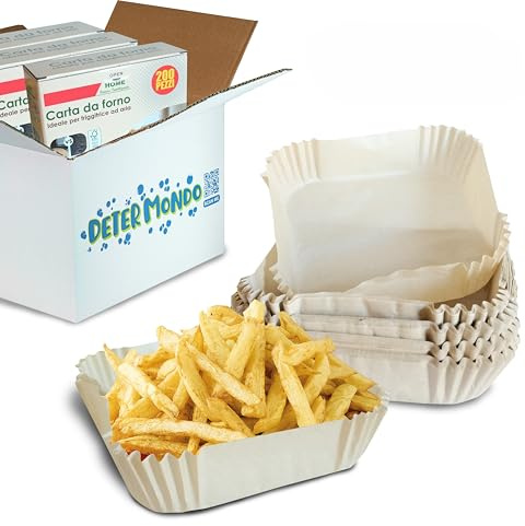 DETERMONDO 200 pz Carta Forno Quadrata per Friggitrice ad Aria Biodegradabile Senza PFAS Resistente fino a 230° Ideale Per Forno e Microonde 20x24cm
