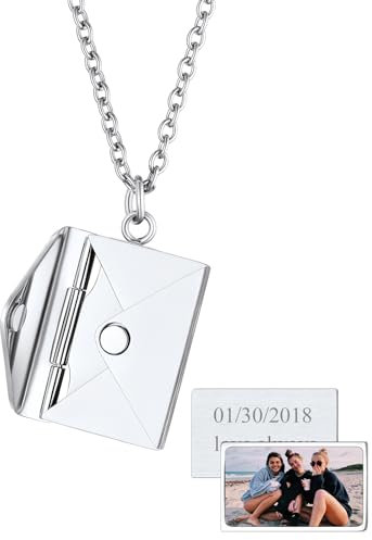FindChic Umschlag Medaillon Damen Personalisiert Halskette Edelstahl Foto Anhänger mit Gravur zum Valentinstag Muttertag Geschenk Namen Kette für Paar Tochter, Silber