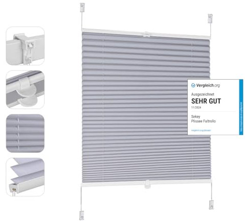 Sekey Plissee ohne Bohren Verdunkelung, Fenster Plissee Klemmfix Jalousie 75 cm breit, Verspannt Blickdicht Sonnenschutz Fensterollo, 75x130cm, Blaugrau