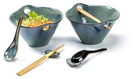 Henten Home Ramen Bowl Set with Chopsticks, Ramen Bowl Ceramic Japanese, Spoon and Spoon Rest for 2 People, Asian Tableware for Dishwasher and Microwave