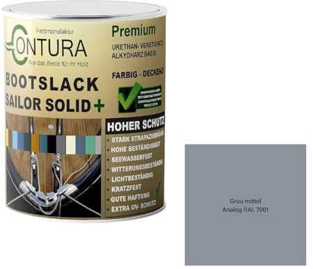 Contura Bootslack Farbig SEIDENMATT Yacht- Buntlack Metall Holz GFK Holzlack Boot Farblos (Grau Mittel - RAL 7001 Analog, 2,5 Liter)