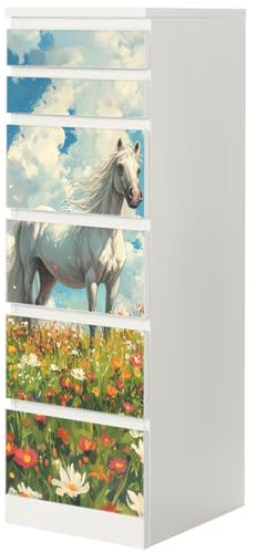 Sunnywall® Möbelfolie passend für IKEA Malm Kommode Schrankfolie Aufkleber mit weisses Pferd Motiv | blasenfrei verkleben | Kinderzimmer 6er 40 cm