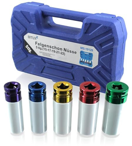 BITUXX 5 tlg Schlagnuss Felgenschon Set Steckschlüssel Nuss Kfz Radwechsel Pkw für Schlagschrauber oder Drehmomentschlüssel Aufnahme 1/2 (15mm / 17 mm / 19 mm / 21 mm / 22mm)