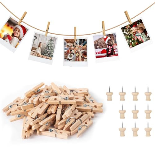 160 mollette in legno, 2,5 cm, con filo di iuta da 1 m, mollette in legno massiccio con 10 chiodi di fissaggio, per foto, artigianato, decorazione per la casa, segnaposto