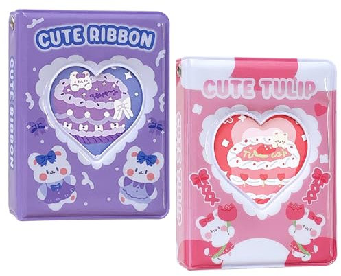 Hwtcjx 2 Stück Photocard Binder, Kpop Photocard Holder, 3 Zoll Cute Mini Photo Album Kpop Binder, Portable Kpop Photocard Binder Mini Fotoalbum for Photocard Collection, 40 Pockets (Lila und Rosa)