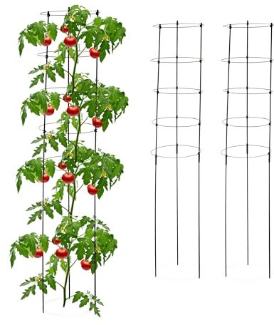 Relaxdays Rankhilfe, 3er Set, 5 Ringe, HxD 150x28 cm, Blumen & Nutzpflanzen, Metall und Kunststoff, Tomatenturm, schwarz