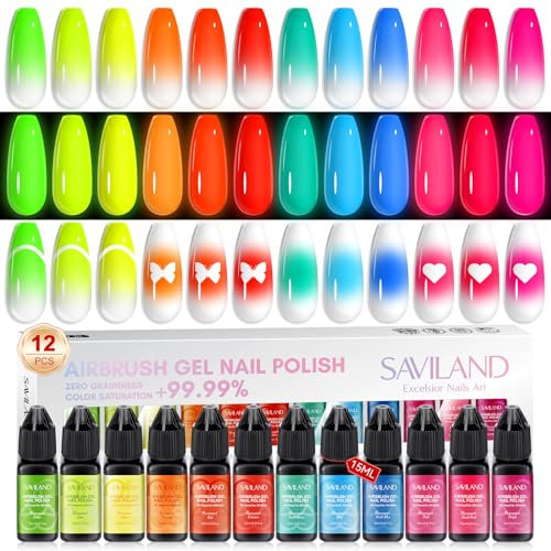 SAVILAND Airbrush Gel Nail Polish Set: No Dilution Fluorescent Nail Polish 12 Colors Neon Gel Polish Airbrush Paint for French Manicure DIY Nail Salon, Gifts & Party