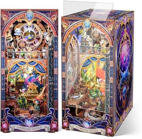FUNPOLA 3D Holzpuzzle Booknook Kit, Fantasy-Shop Bücherregal mit LED-Lichtern, DIY Magische Miniatur-Buchstützen Deko, Einzigartiges Handwerksgeschenk für Erwachsene und Teenager (Fantasy-Shop)