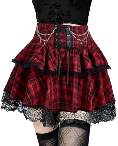 DINGJIUYAN Jupe Mini à 2 Couches avec Chaînes Gothique Y2k Volants Plissés Jupe Steampunk Dentelle Ourlet Bandage Jupe Courte, Rouge à carreaux, L