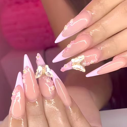 MouyouGlow Long False Nails, Stiletto Nude Pink French 3D Crystal Hibiscus Flower Fairy Butterfly Y2K Coquette Press on Nails with Nail Glue, Flower Summer Fake Nails