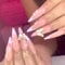 MouyouGlow Long False Nails, Stiletto Nude Pink French 3D Crystal Hibiscus Flower Fairy Butterfly Y2K Coquette Press on Nails with Nail Glue, Flower Summer Fake Nails