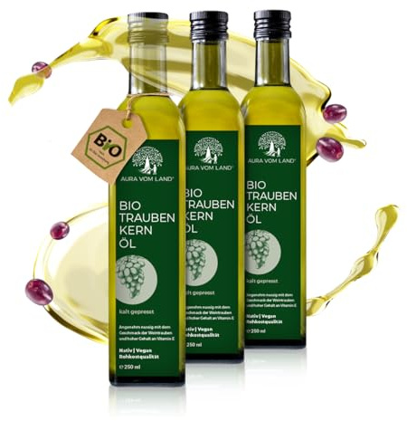 Traubenkernöl Bio Premium 100% Kaltgepresst 3 x 250ml – Hochwertiges Speiseöl - Produziert in Bayern - Aura vom Land