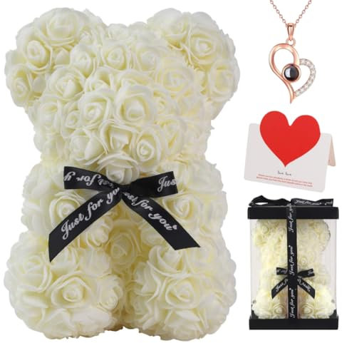 Rose Bear Gift, 10 Inch Artificial Flower Rose Teddy Bear with Gift Box, for Anniversary, Valentine's Day, Wedding, Birthday, Romantic Gift for Her (Milk White)