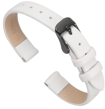 QUARKZMAN Bracelet Montre en Cuir 10mm de Largeur Blanc Bracelet de Montre Plat, Fin et Élégant en Cuir Véritable avec Boucle Noire pour Homme et Femme