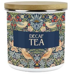 Purely Home Blue Strawberry Thief Decaf Tea Storage Canister - Morris Inspired Tapestry Artwork Homeware Gifts - Medium Sized Metal Enamel Kitchen Food/Drinks Storage Container 600ml