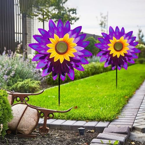 Lot de 2 moulins à vent en forme de fleur, tournesol, sculptures à vent rotatives à 360 °, 75 cm, carillons de jardin comme décoration pour cour, pelouse et terrasse (A)