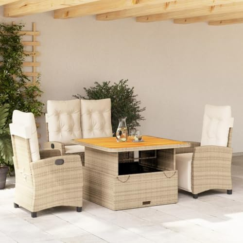 IKAYAA Ratan Gartenmöbel Set 4 Personen Terrassenmöbel Set mit 1 Verstellbarer Relaxbank, 2 Verstellbarer Sessel und 1 Höhenverstellbarer Gartentisch Balkon Set für 4 Personen Beige Type-6