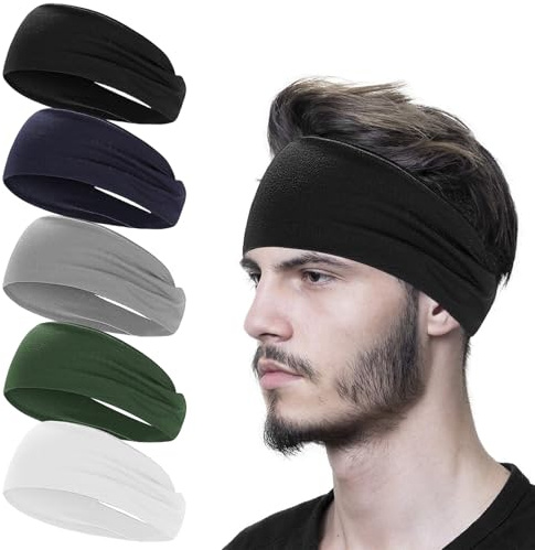 Sport Stirnband 5 Pack, Stirnband Herren, Schweißband Stirn, 23x9cm Highly Stretchy Haarband für Jogging, Laufen, Fitness