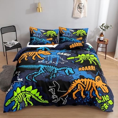 HOSIMA Dinosaurier Bettwäsche-Set, 135 x 200 cm, Blau-Schwarz, Bettwäsche-Set, 1 Bettbezug, 1 Kissenbezug, mit Reißverschluss, geeignet für Kinder, Jugendliche und Erwachsene