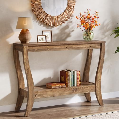 TRIBEWOOD Massivholz-Konsolentisch mit Stauraum, 105 cm Bauernhaus-Flurtisch mit Ablage, 2-stufiger Sofatisch aus Holz für Wohnzimmer, Flur, Eingangsbereich, braun