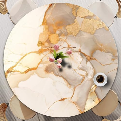 Odot Tischdecke Abwaschbar Rund mit Gummizug, Tischdecke Rund 60-140cm Abwischbar Wasserdicht Gartentischdecke für Draußen Spanntischdecke für Garten Versammlung, Farbiger Marmor (Gold,90cm)