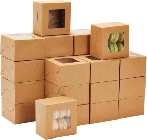 Mokolife Gebäckschachtel Kraftpapier mit Fenster 10x10x6,3cm, 50 Stk | Bäckerei Boxen, Cupcake Box, Keksschachtel, Geschenkboxen