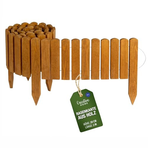 Creative Home Rasenkante Beeteinfassung Holz 200 x 20 cm (L x H) Natur | Flexible Beetumrandung Gartenzaun zum Stecken | Ideal als Beetbegrenzung, Holzzaun, Deko Zaun, Mähkante, Beetzaun