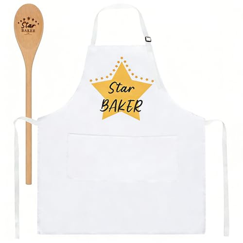Yunmoli Star Baker Apron and Wooden Spoon Set, Adult White Kitchen Bib with Adjustable Neck & Pockets, Novelty Baking Gifts for Women Men Mum Dad, Chef Cooking Accessories for Home Pastry