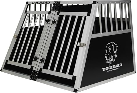 DOGHEAD Hundetransportbox Ecoline, Double 95x75x63 cm EG, Schwarz, Aluminium, Vorne 65° Grad Winkel, hinten 90° Grad (gerade), 2 Trennwände, für kl. Kombis geeignet